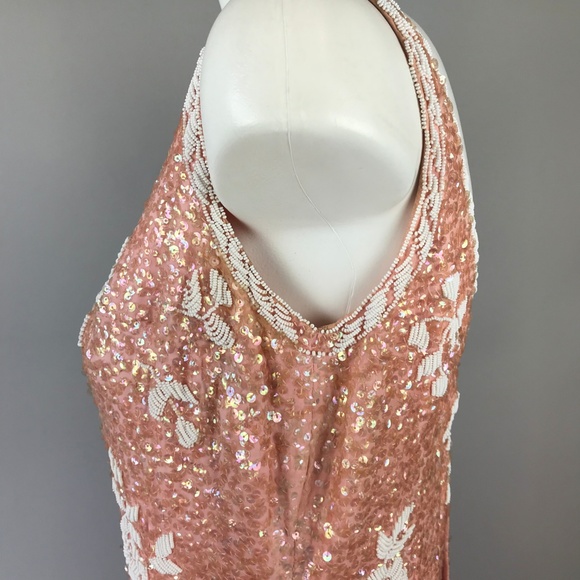 Vtg 50s Pink Sequin Beaded Wiggle Dress Rose L - Picture 5 of 7